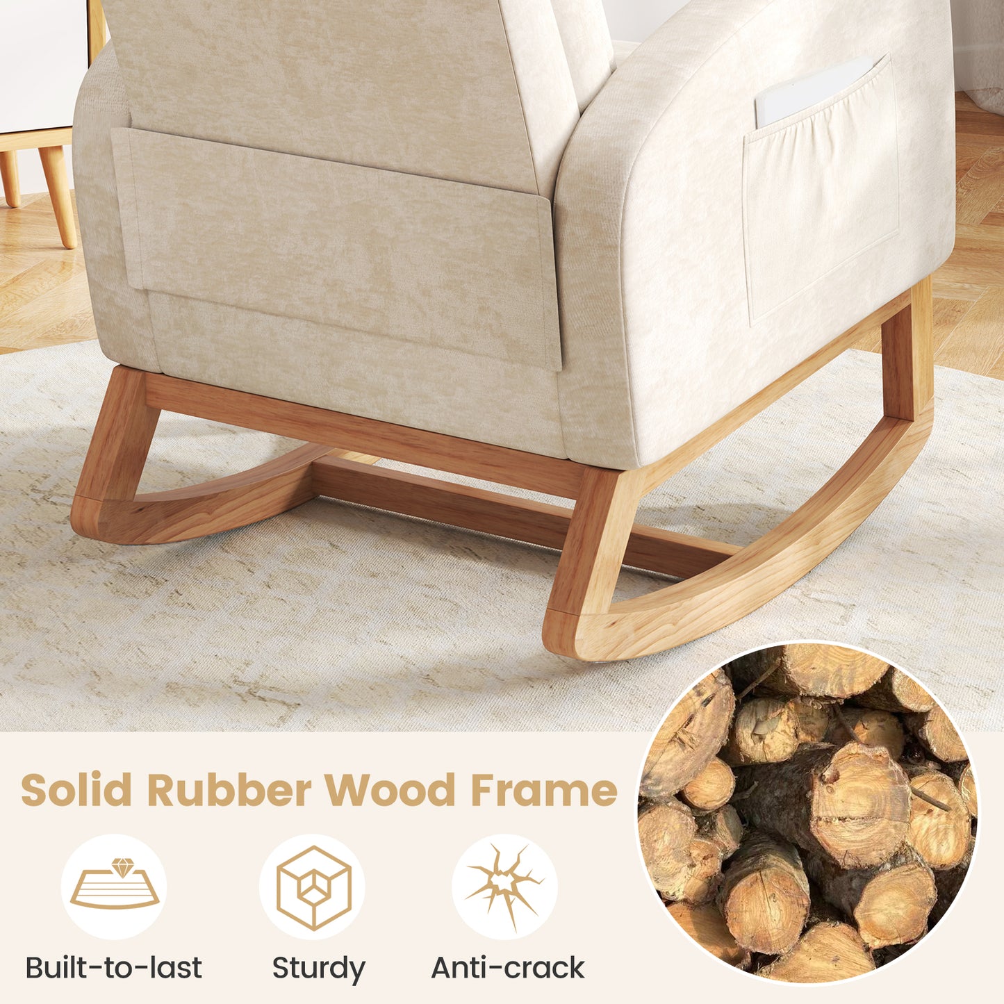 Nursery Rocking Chair Upholstered Chenille Rocker Armchair with Natural Rubber Wood Frame, Beige Accent Chairs at Gallery Canada