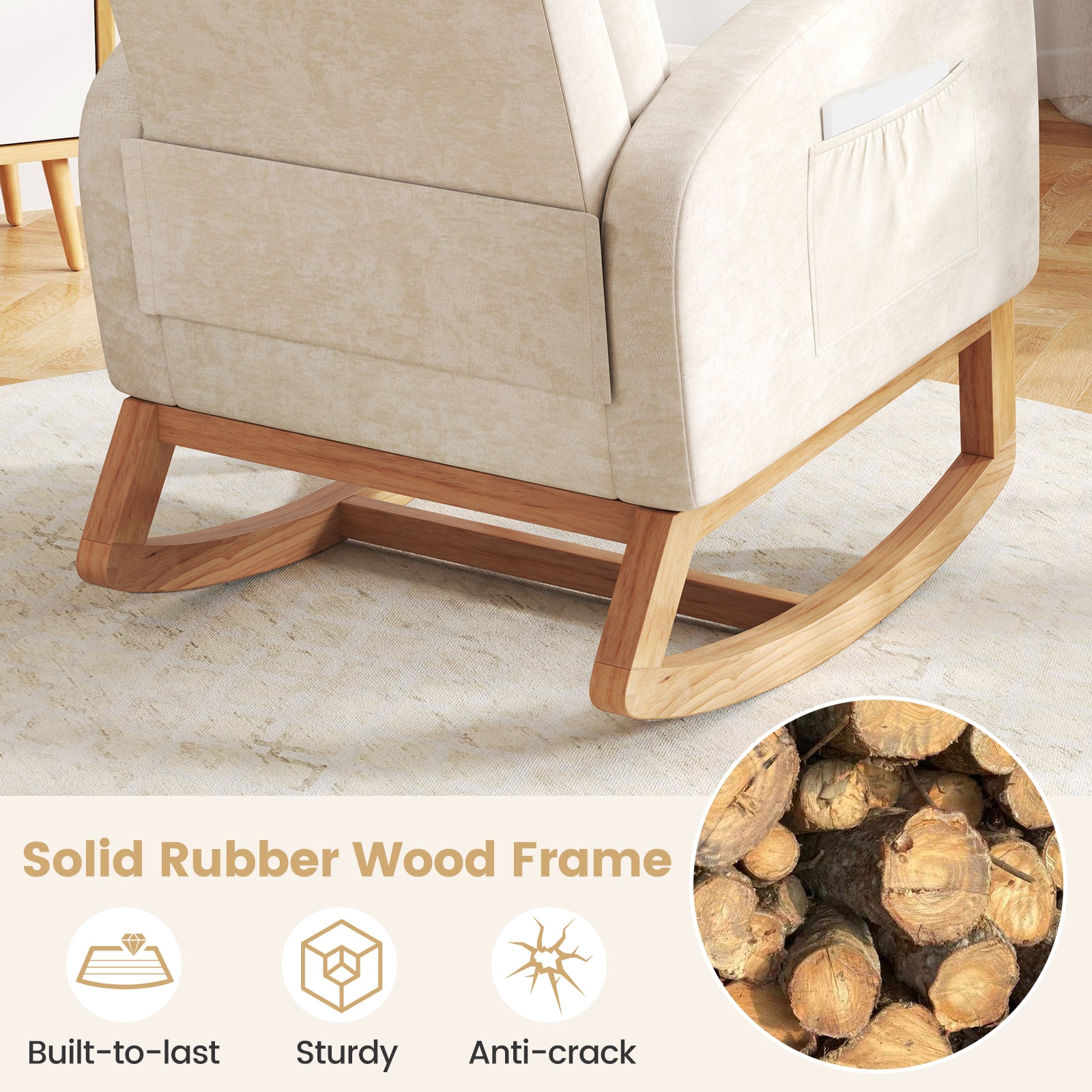 Nursery Rocking Chair Upholstered Chenille Rocker Armchair with Natural Rubber Wood Frame, Beige Accent Chairs at Gallery Canada