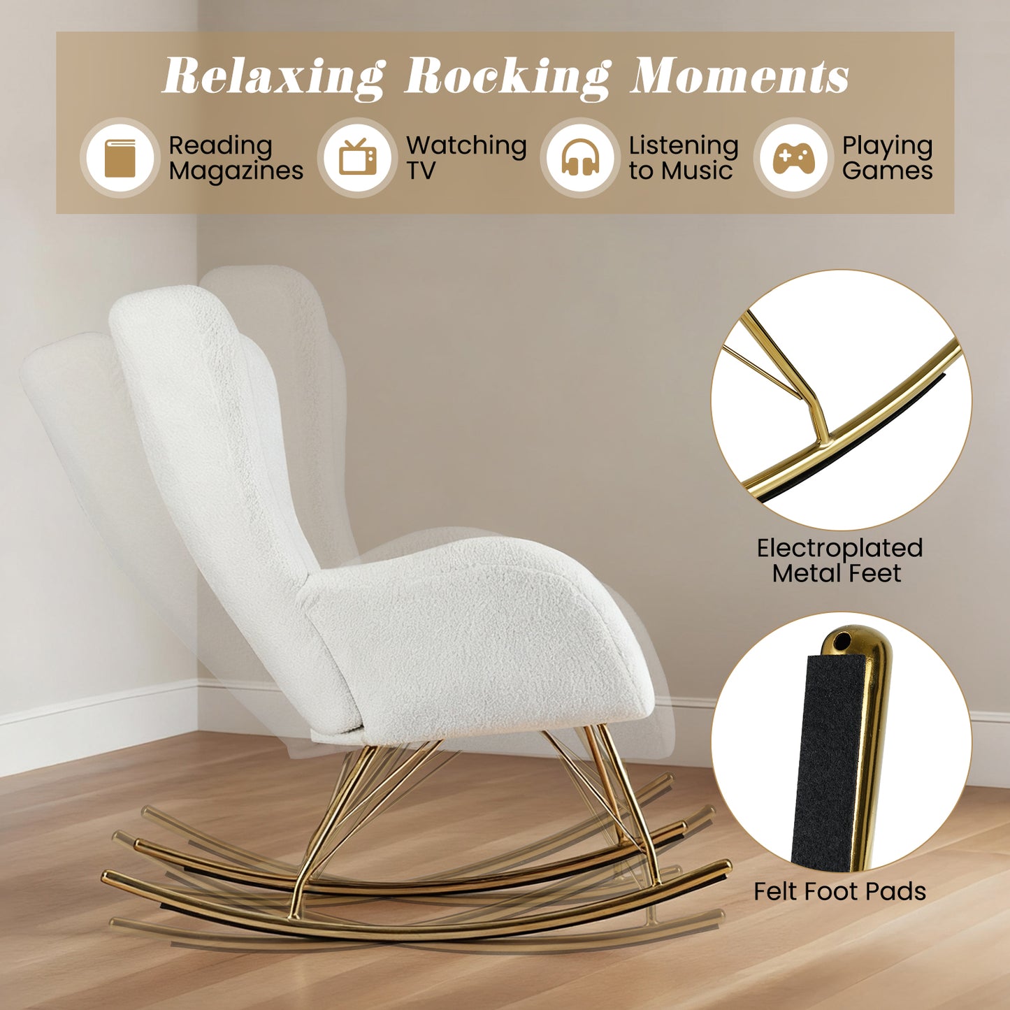 Nursery Rocking Chair with Curved Backrest and Armrests, White Accent Chairs at Gallery Canada