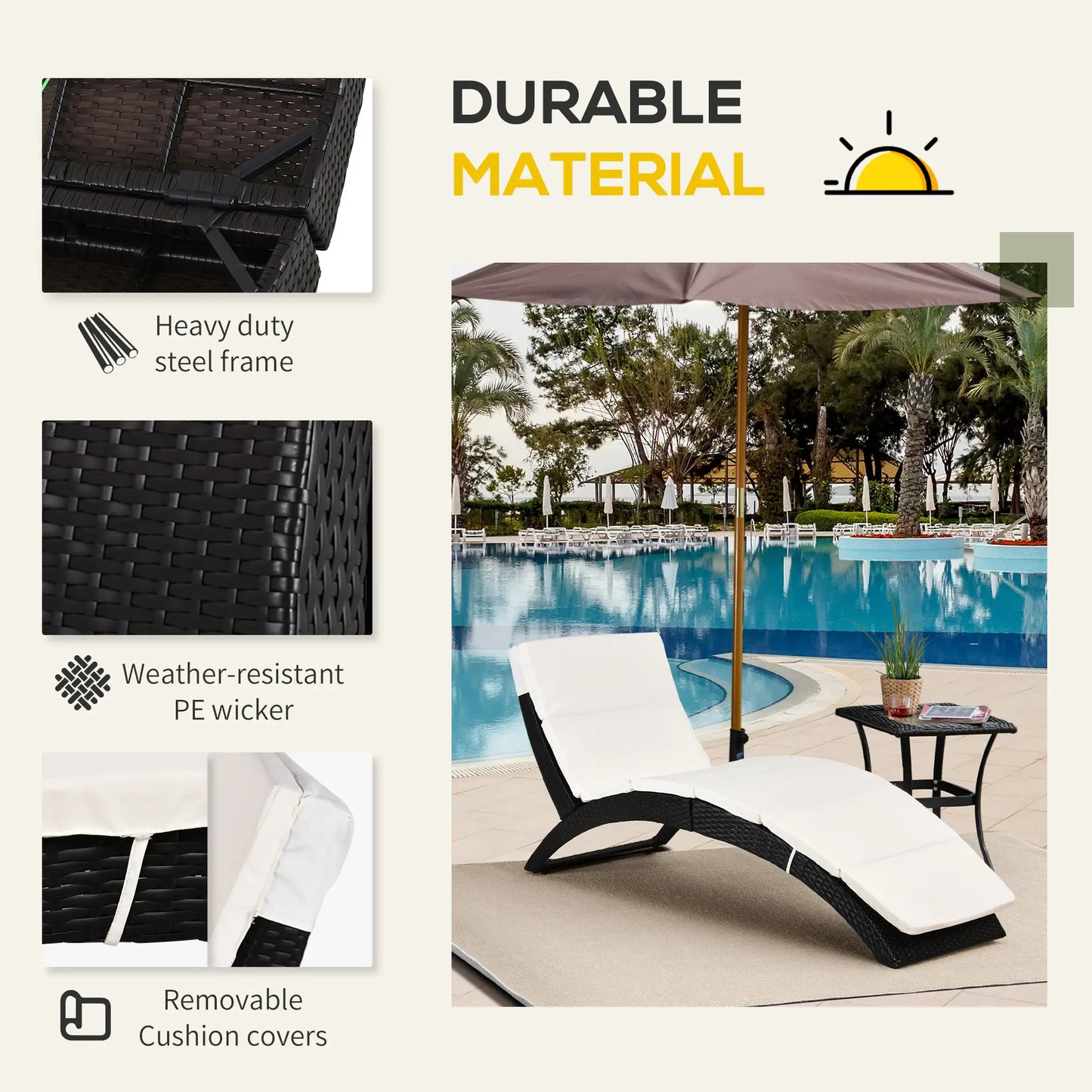 Foldable Rattan Chaise Lounge, Reclining Backrest, PE Wicker, Outdoor, Beige Chaise Loungers at Gallery Canada