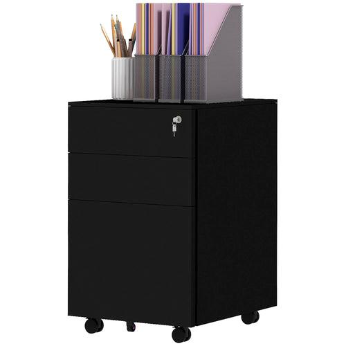 3-Drawer Steel Filing Cabinet on Wheels, Lockable, Adjustable Hanging Bar, Black