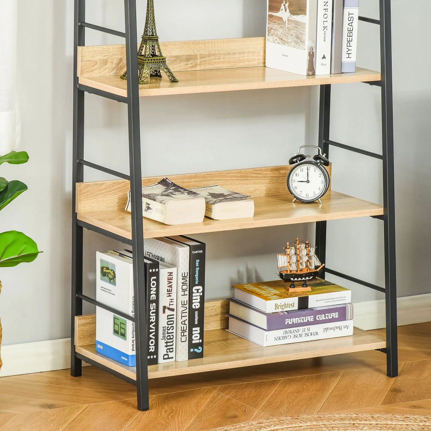 Modern 5-Tier Bookshelf, Metal Frame, Wooden Shelves, Oak Display Bookshelves at Gallery Canada