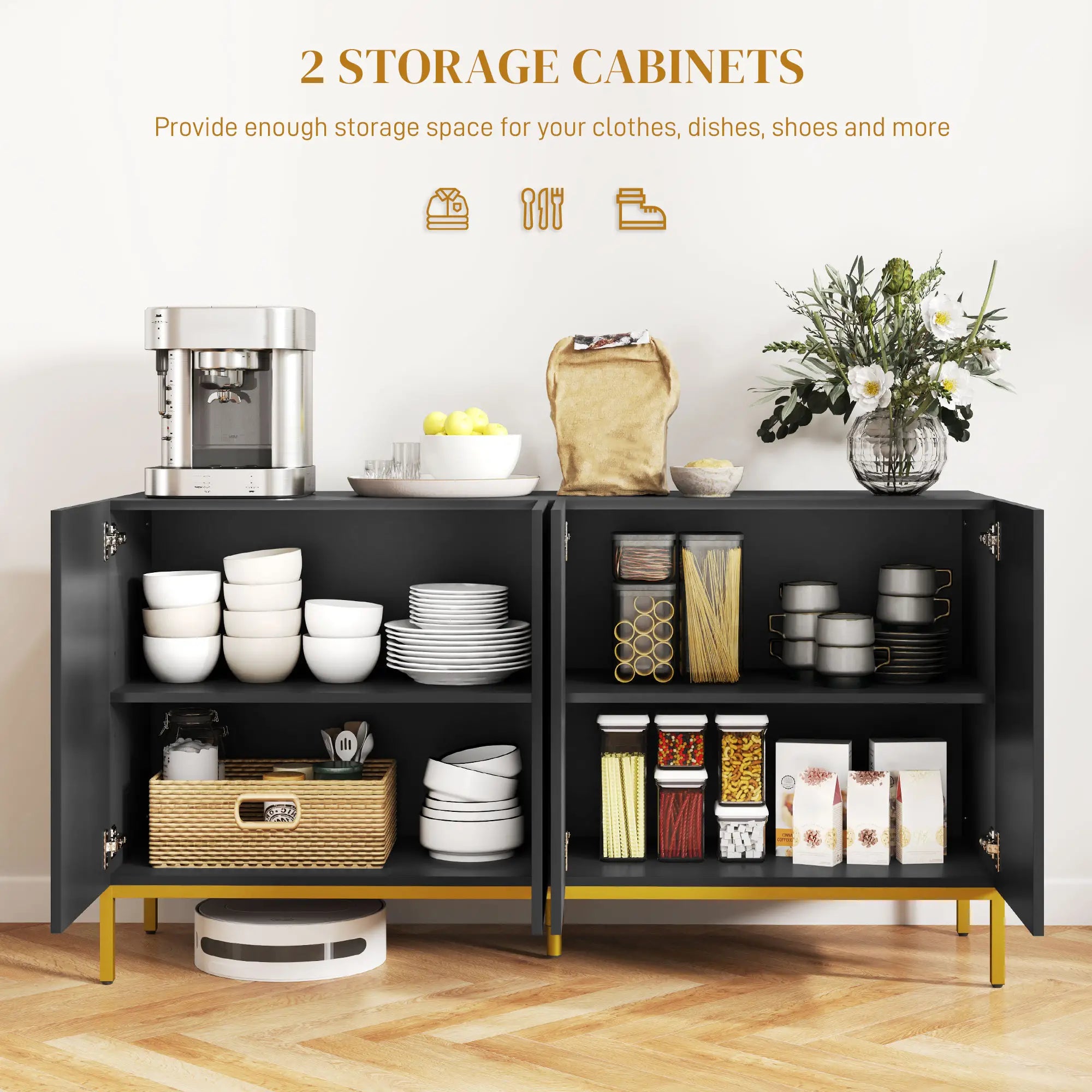 Sideboard Storage Cabinet, Adjustable Shelves, Soft Close Doors, Black Kitchen Pantry Cabinets at Gallery Canada