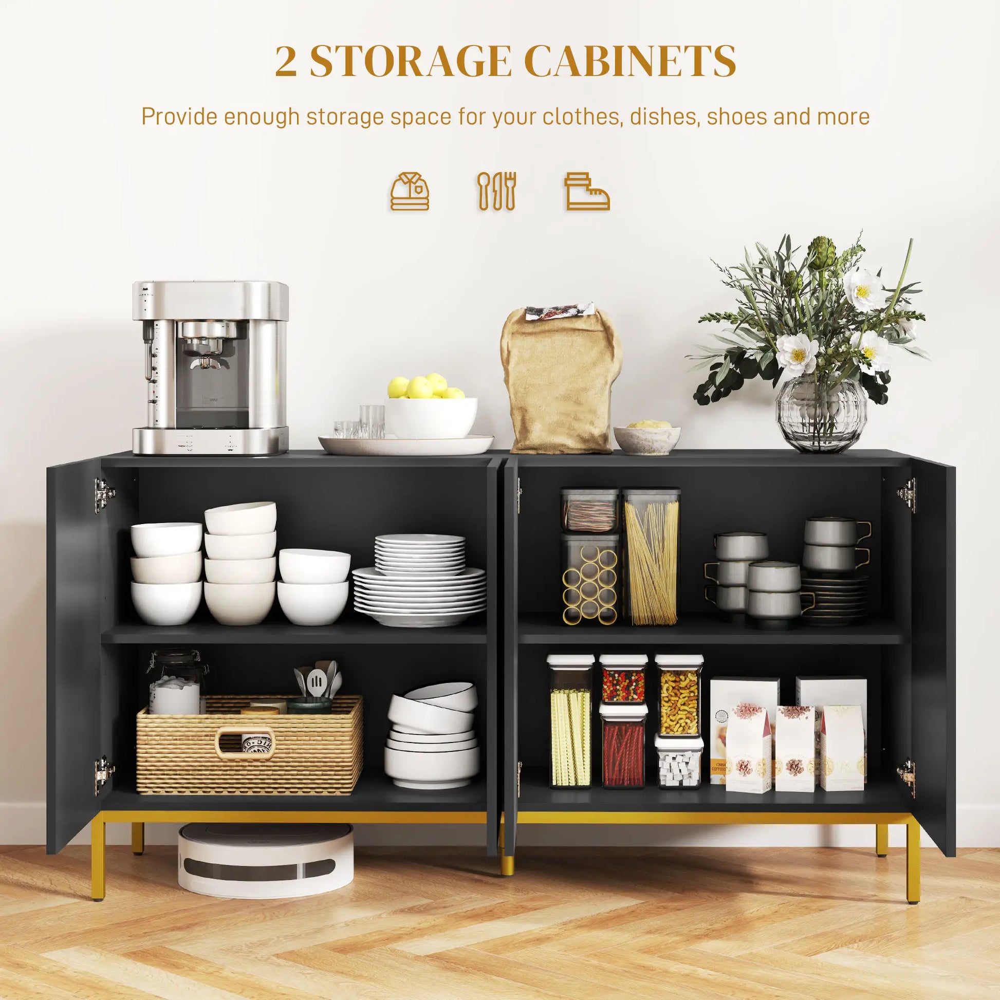 Sideboard Storage Cabinet, Adjustable Shelves, Soft Close Doors, Black Kitchen Pantry Cabinets at Gallery Canada