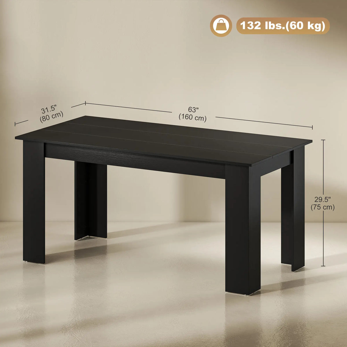 63" Kitchen Table for 4-6 People, Wood Effect, Black Dining Tables at Gallery Canada