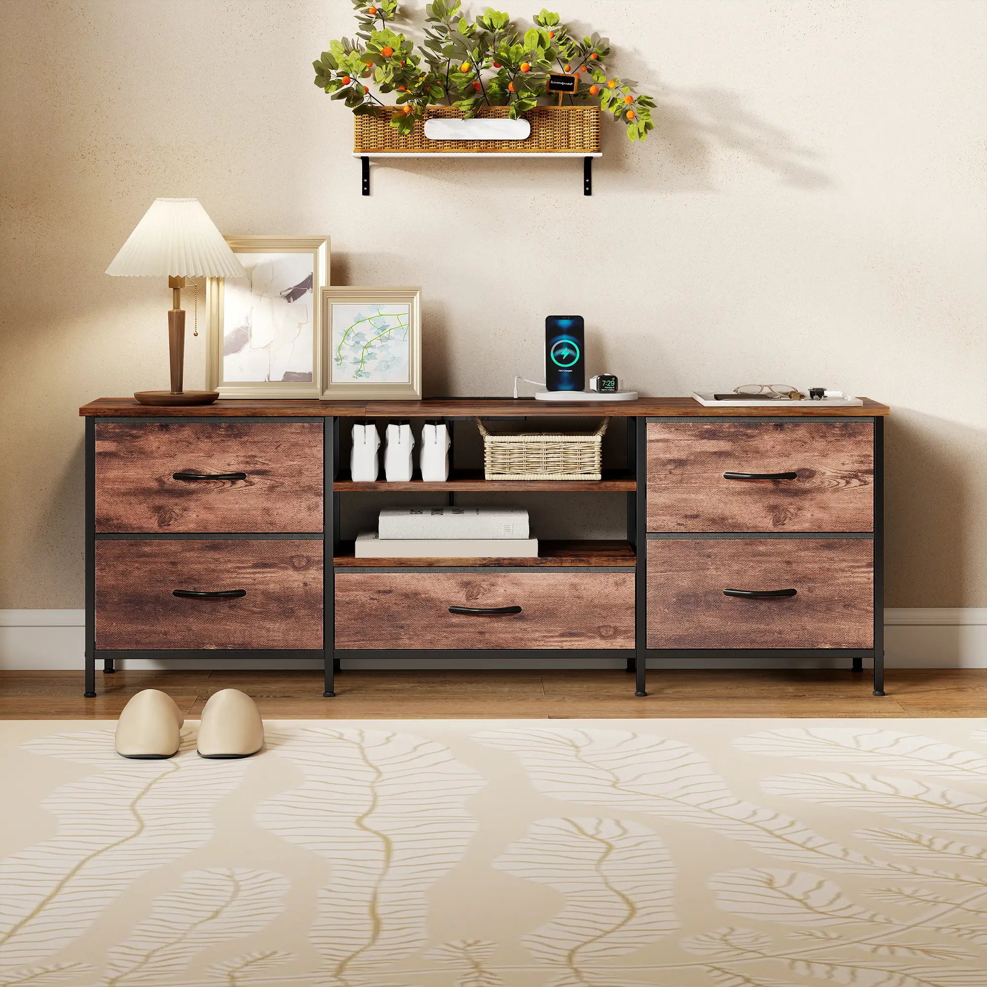 TV Stand For 65 Inch TVs, Industrial Console With Charging Station, 5 Drawers, Rustic Brown TV Stands at Gallery Canada