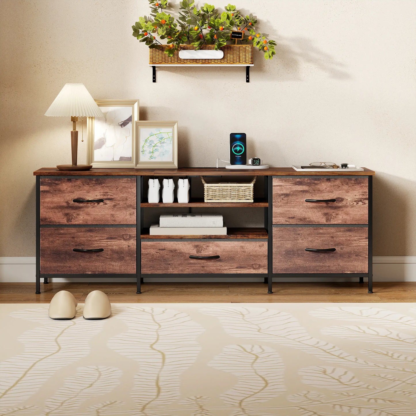 TV Stand For 65 Inch TVs, Industrial Console With Charging Station, 5 Drawers, Rustic Brown TV Stands at Gallery Canada