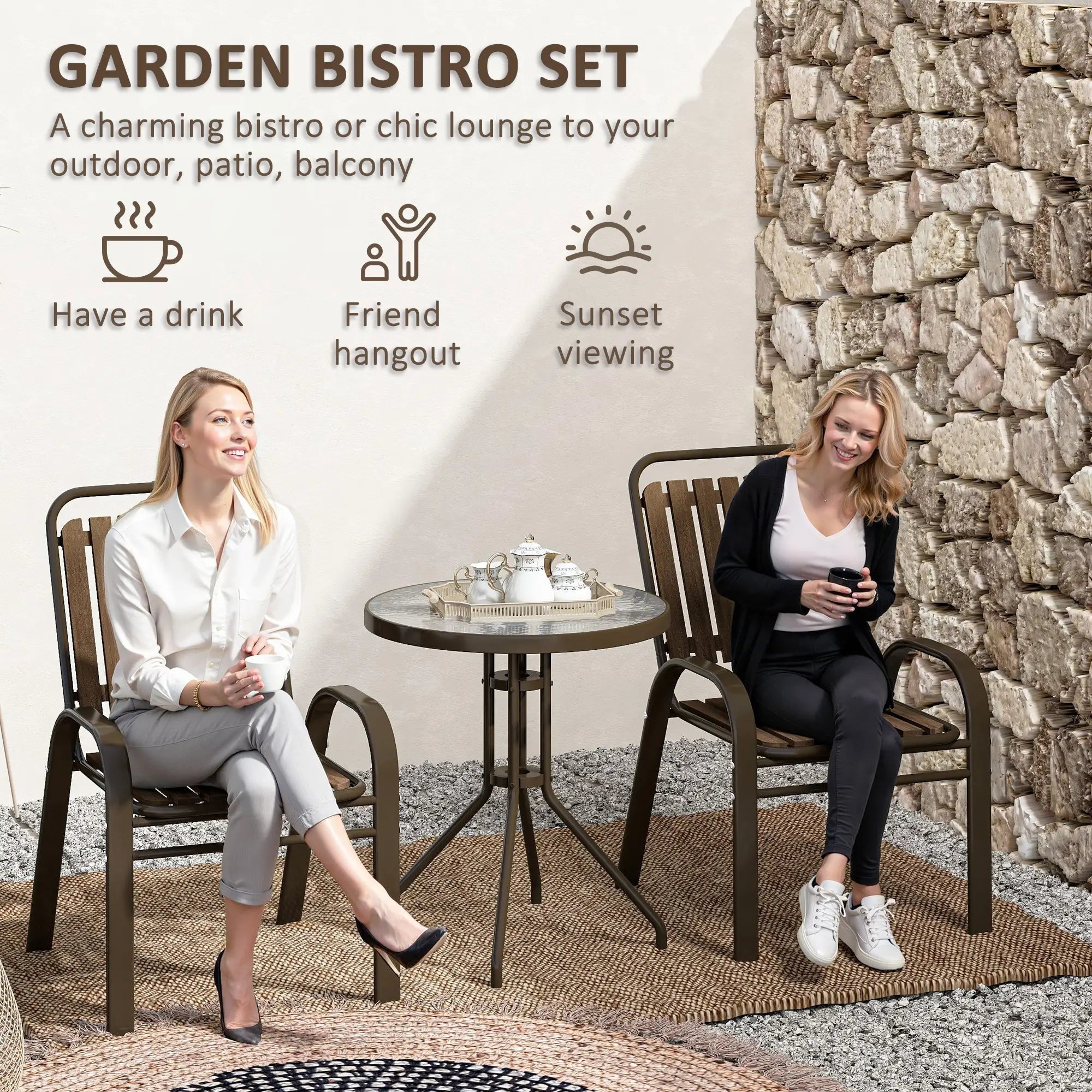 3pc Patio Bistro Set, 2 Stackable Chairs with Glass Table, Outdoor, Dark Brown Bistro Sets at Gallery Canada