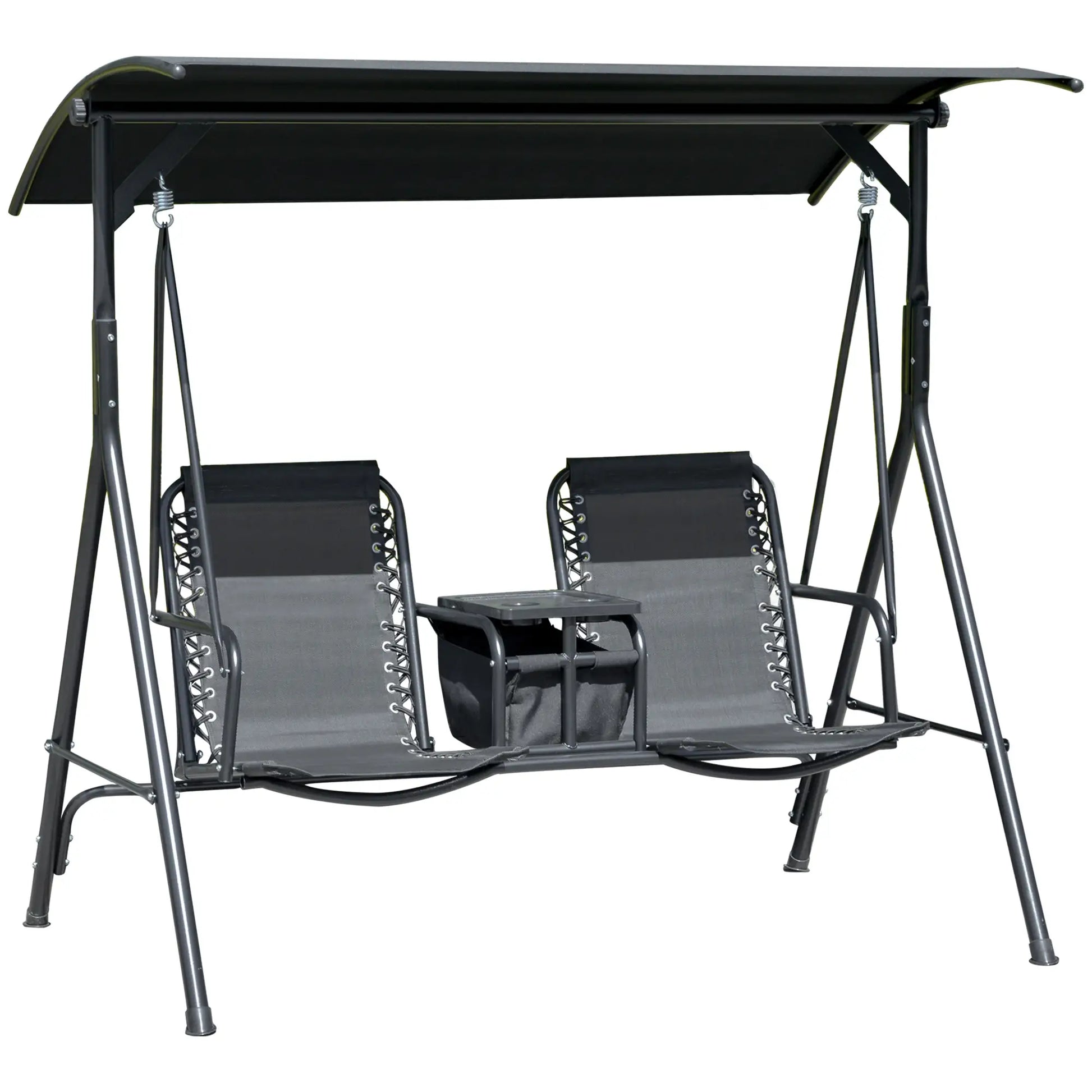 2 Person Porch Swing with Storage Table, Cup Holder, Canopy, Black Patio Swings with Stand at Gallery Canada