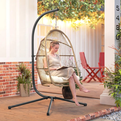 Foldable Wicker Egg Swing Chair, With Stand And UV Cushion, Beige Patio Chairs at Gallery Canada