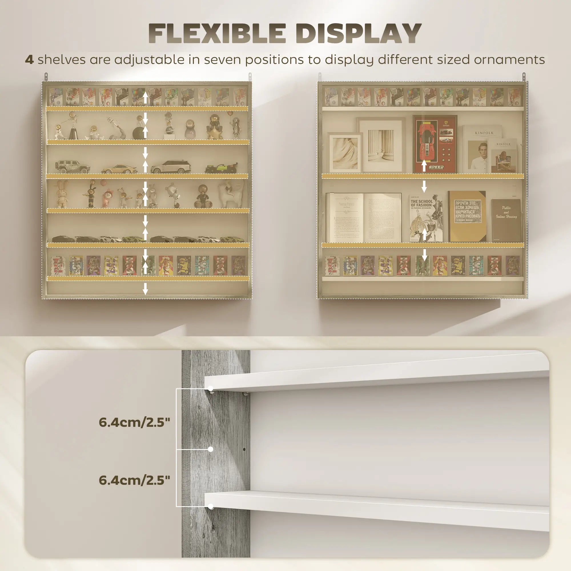 7-Tier Glass Display Cabinet, 2 Doors, 6 Adjustable Shelves, Grey Display Bookshelves at Gallery Canada