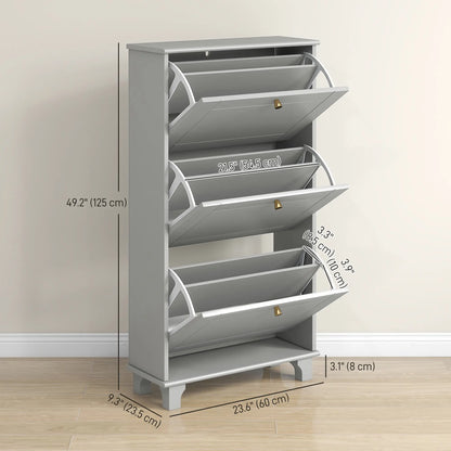 Narrow Shoe Storage, 3 Flip Drawers, Adjustable Shelves, Holds 12 Pairs, Grey