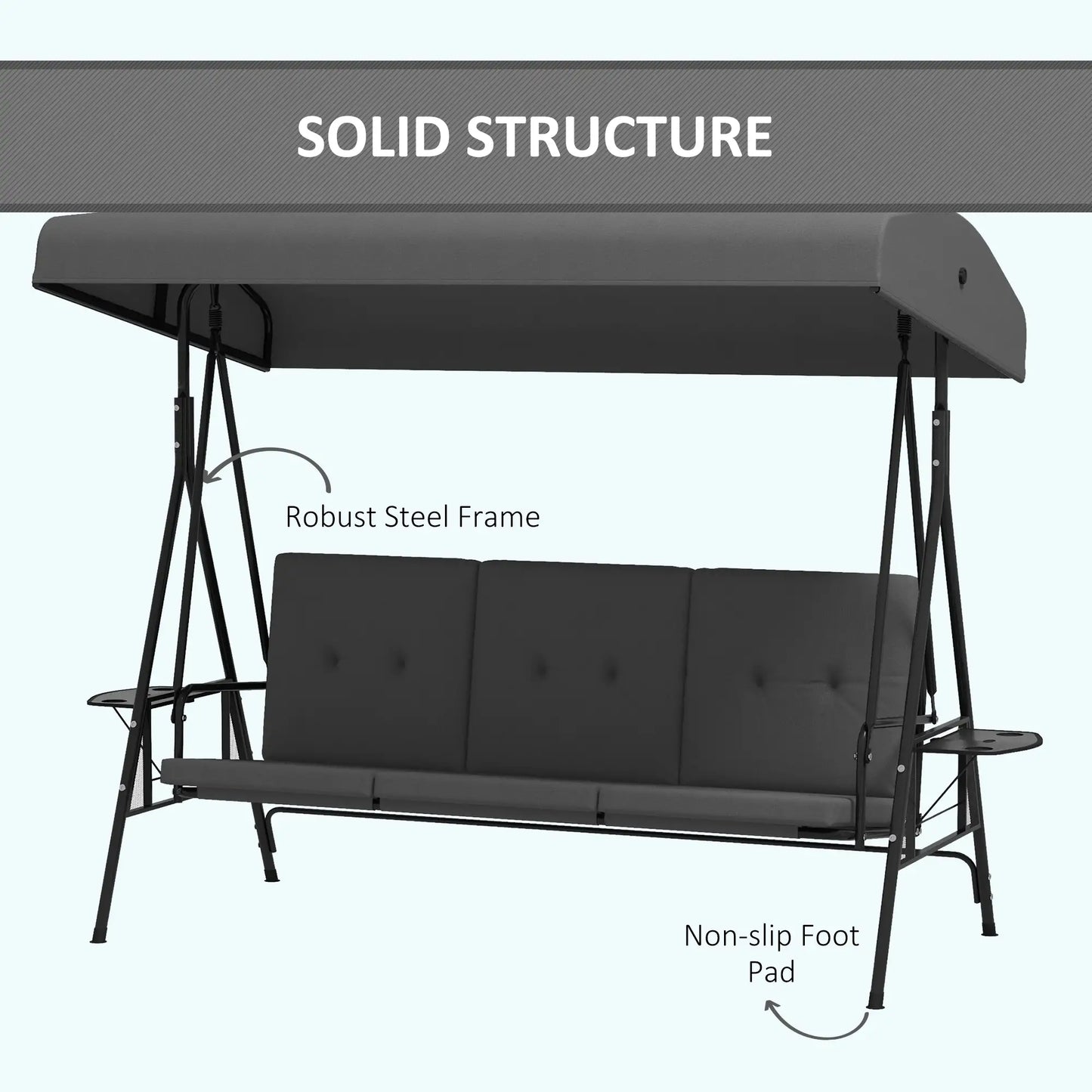 3-Seat Outdoor Swing With Adjustable Canopy, Side Tray, Removable Cushion, Grey