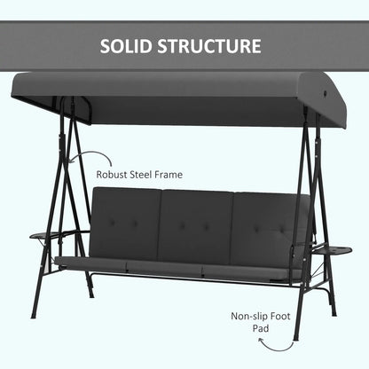 3-Seat Outdoor Swing With Adjustable Canopy, Side Tray, Removable Cushion, Grey