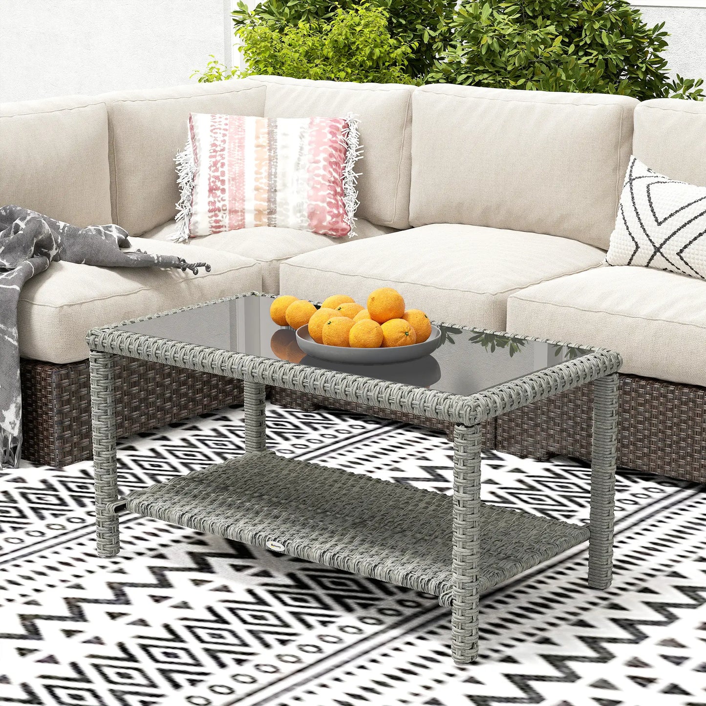35" Outdoor Wicker Coffee Table, Glass Top, Storage Shelf, Dark Grey Coffee Tables at Gallery Canada