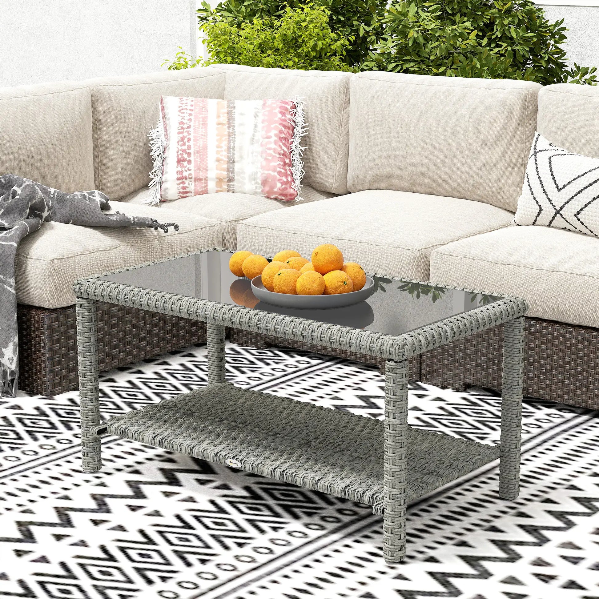 35" Outdoor Wicker Coffee Table, Glass Top, Storage Shelf, Dark Grey Coffee Tables at Gallery Canada