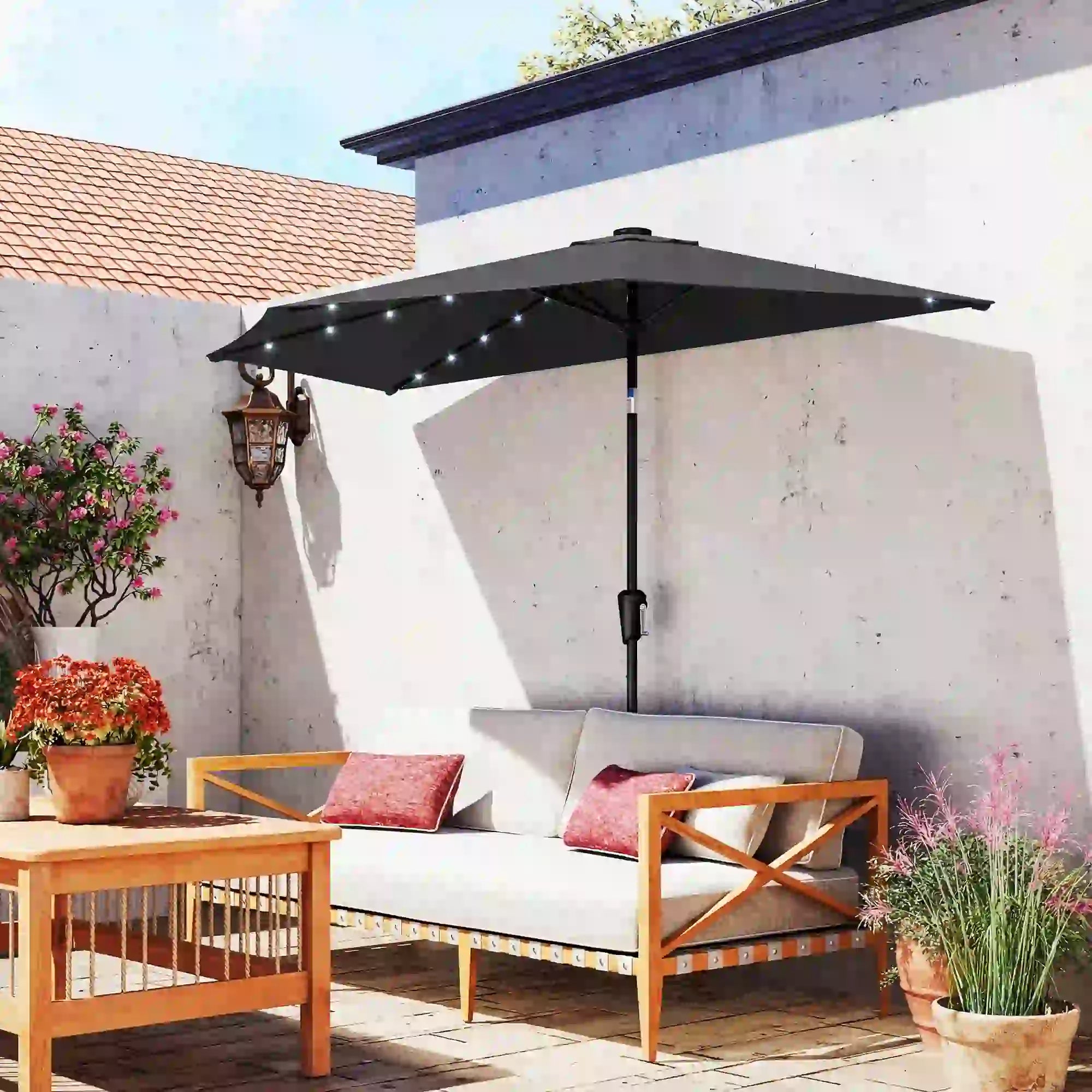 Half Outdoor Patio Umbrella, Solar LED Lights, Crank, 105.1