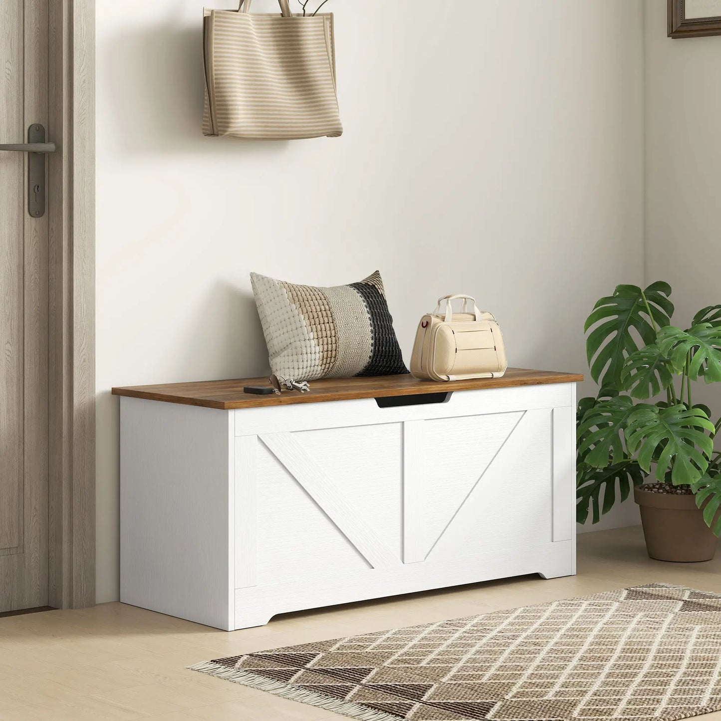 39.4 Inches Storage Chest, Brown White Wood Grain, Safety Hinges, Brown White Storage Cabinets at Gallery Canada