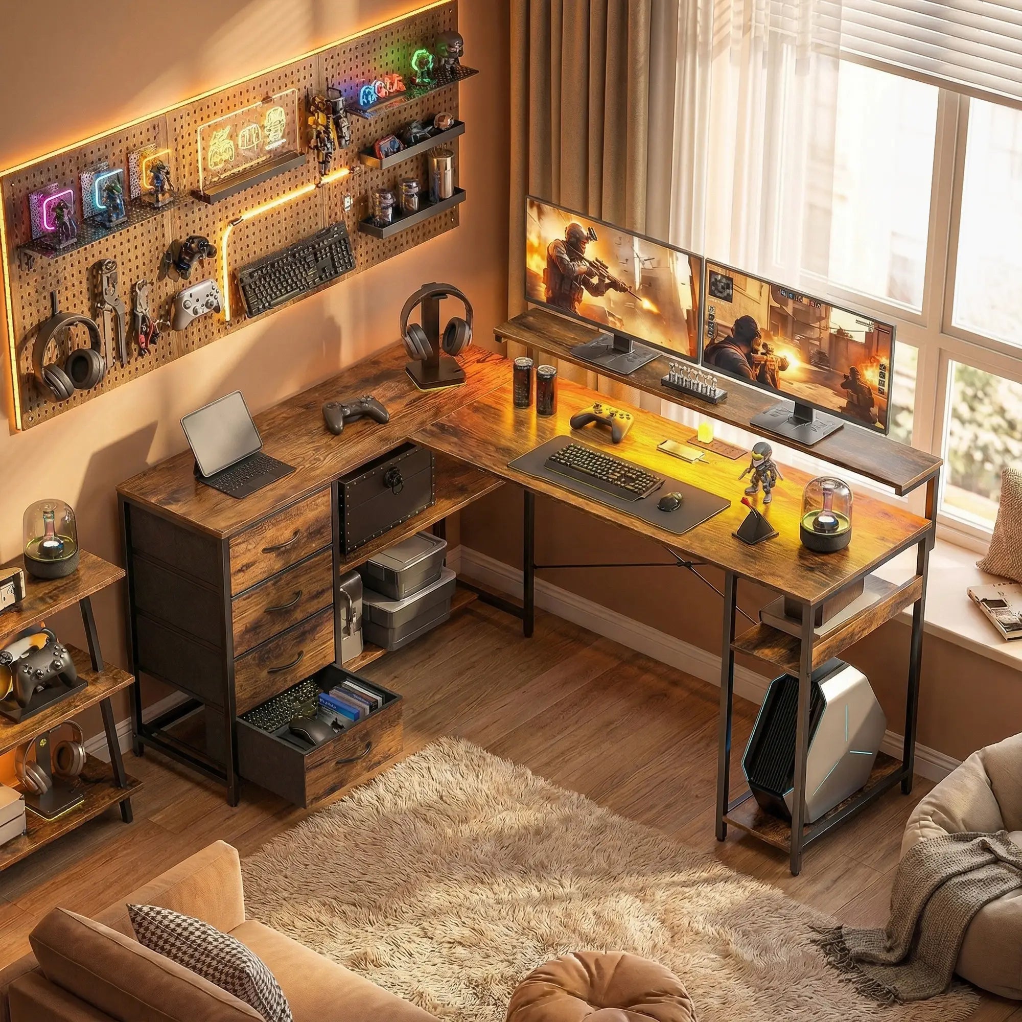 Gaming Desk With Power Outlets, LED Lights, Drawers, Monitor Stand, 61