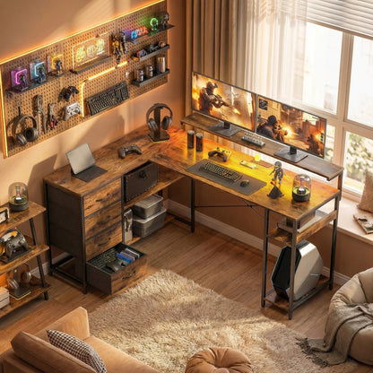 Gaming Desk With Power Outlets, LED Lights, Drawers, Monitor Stand, 61", Rustic Brown Gaming Desks at Gallery Canada