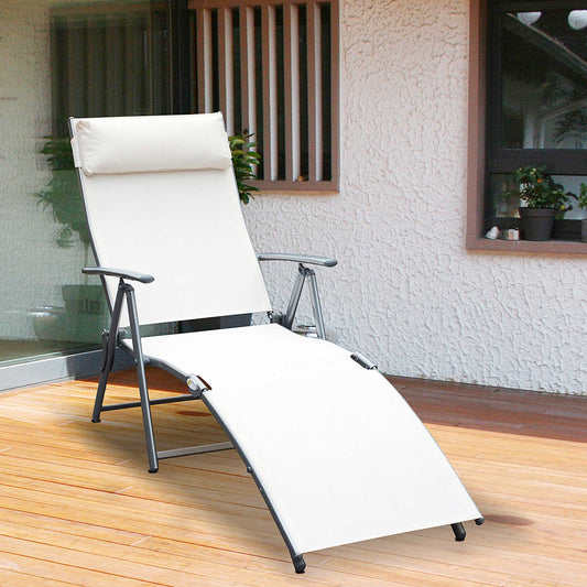 Heavy-duty Adjustable Folding Reclining Chair Outdoor Sun Lounger Patio Chaise Lounge Garden Beach Gravity Lounge with Pillow, 7 Adjustable Backrest Positions, Cream - Gallery Canada