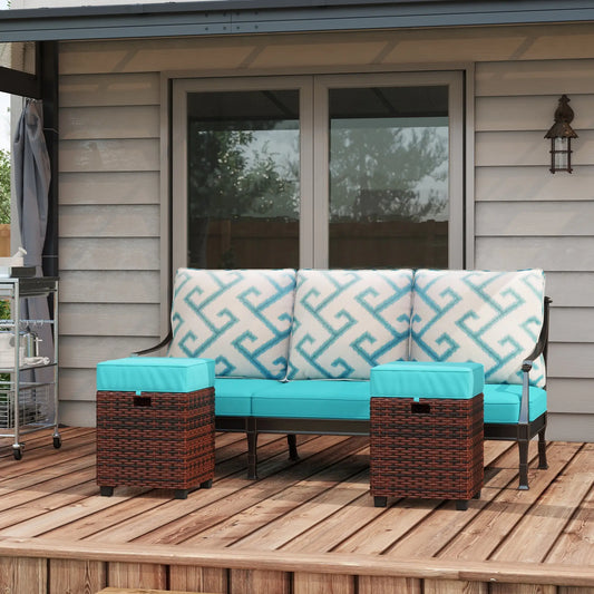 2 Pcs Square PE Rattan Ottoman Set, Outdoor Footrest with Removable Cushion, Sky Blue Patio Furniture Sets Brown Rattan, Sky Blue Fabric at Gallery Canada