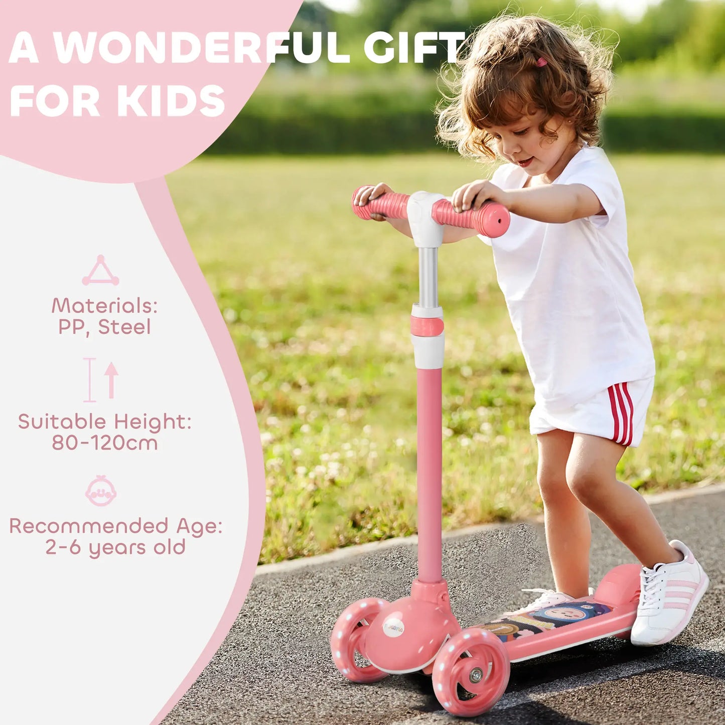3 Wheel Kids Scooter, Adjustable Height, Rear-Fender Brake, LED Light, Pink Scooters at Gallery Canada