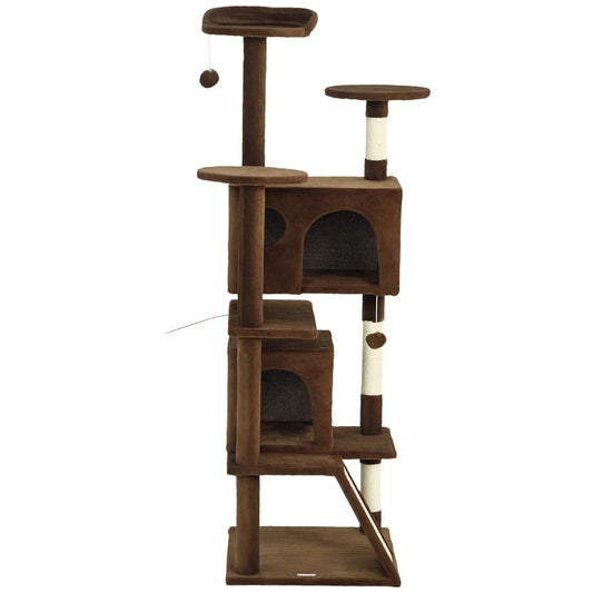 63" Cat Tree, Multi-Level Tower With Scratching Posts, Light Brown