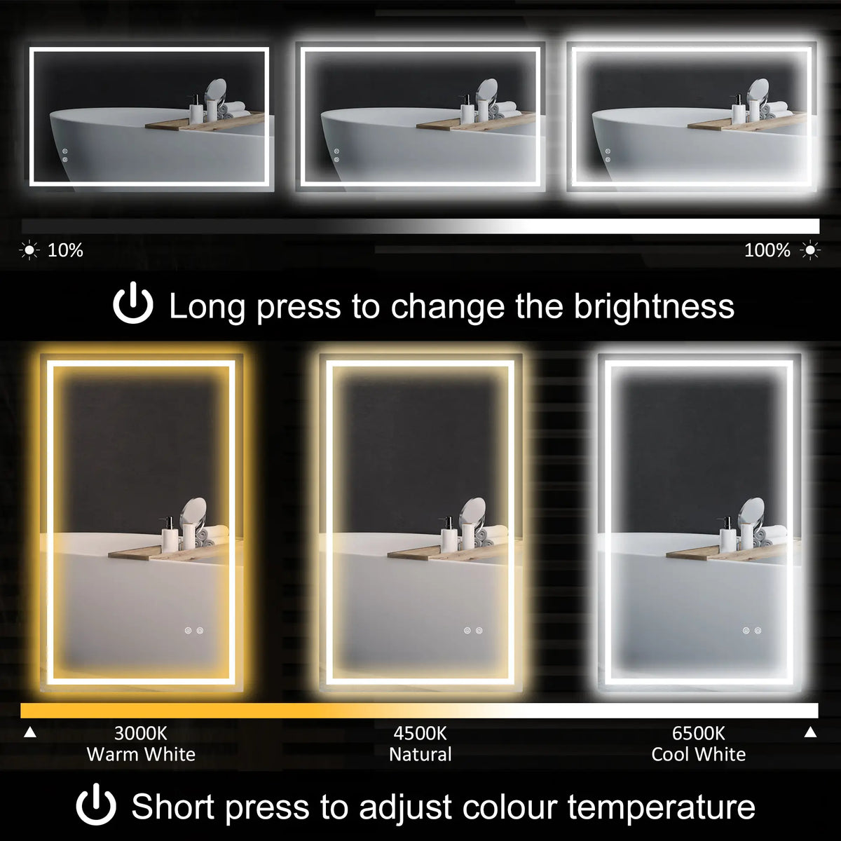 39" x 24" Miroir de Salle de Bain LED, Monté au Mur, Anti-Buée, Bouton Tactile, Clair