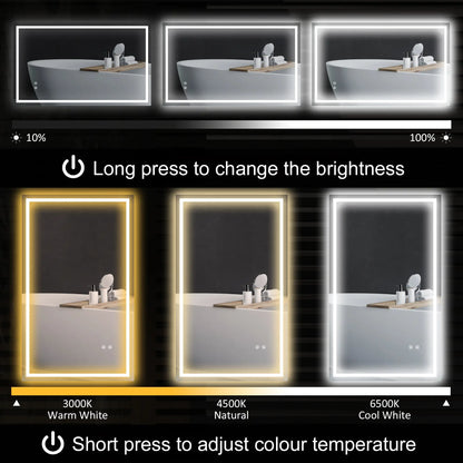 39" x 24" Miroir de Salle de Bain LED, Monté au Mur, Anti-Buée, Bouton Tactile, Clair