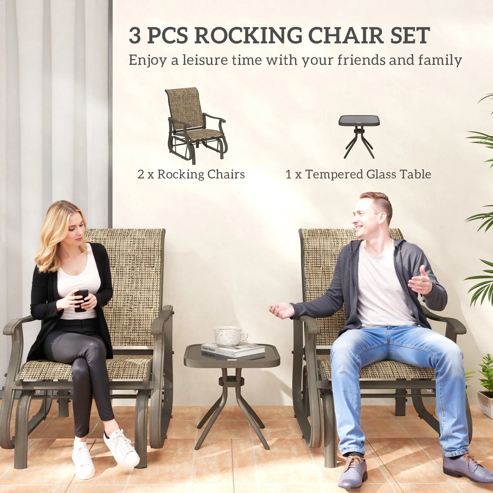 3PCs Gliding Rocking Chair, Bistro Tea Table Set, Brown Outdoor Gliders at Gallery Canada