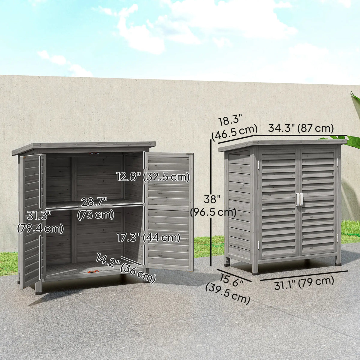 Wooden Garden Storage Shed, 2 Door, 34" x 18" x 38", Grey Sheds at Gallery Canada