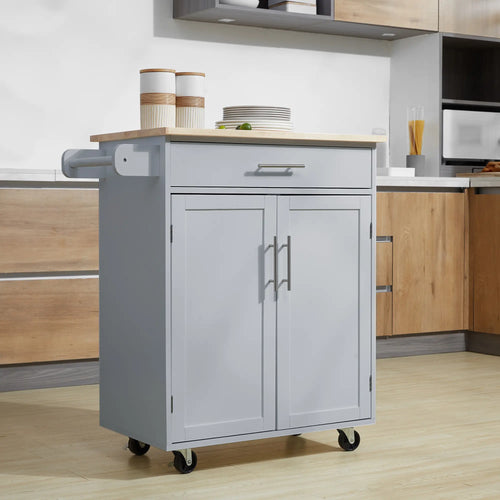 Rolling Kitchen Island Cart, Wood Top, Storage Drawer, Towel Bar, Shelves, Grey