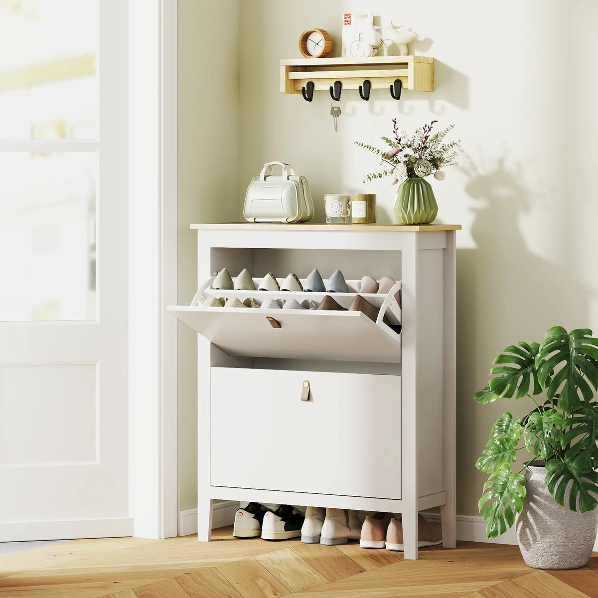 Narrow Shoe Cabinet, 2 Flip Drawers, Adjustable Shelves, Holds 10-14 Pairs, White
