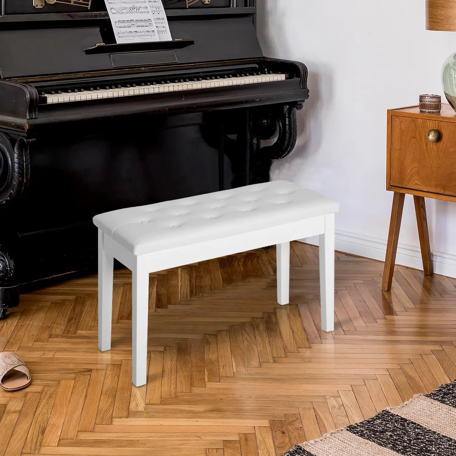 30" Piano Bench with Padded Cushion, Storage, Faux Leather, White Piano Benches at Gallery Canada