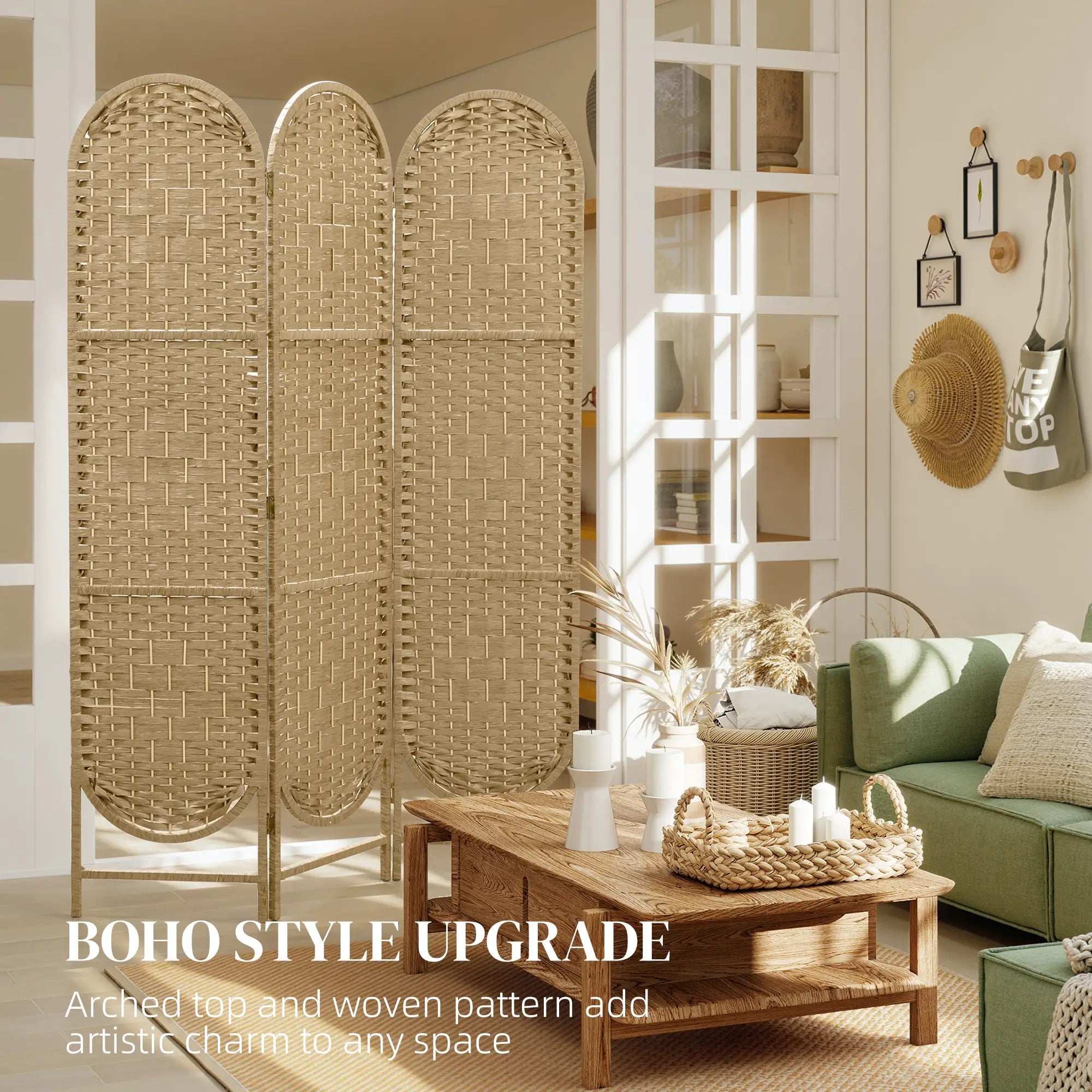 3 Panel Bohemian Privacy Screen, Arched Top Room Divider, Natural Wood Room Dividers at Gallery Canada