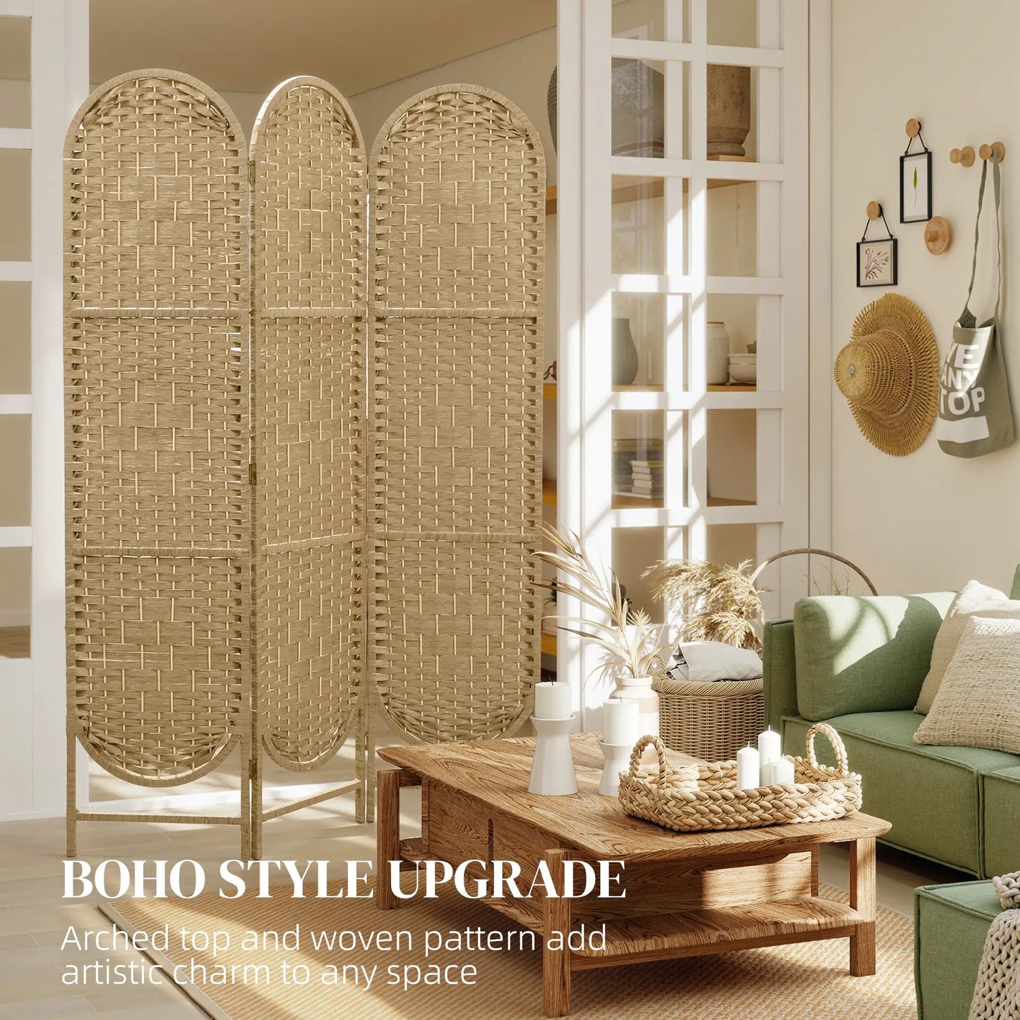 3 Panel Bohemian Privacy Screen, Arched Top Room Divider, Natural Wood Room Dividers at Gallery Canada