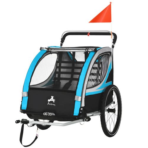3-In-1 Bike Trailer, 2 Seats, 5-Point Harness, Storage, Blue