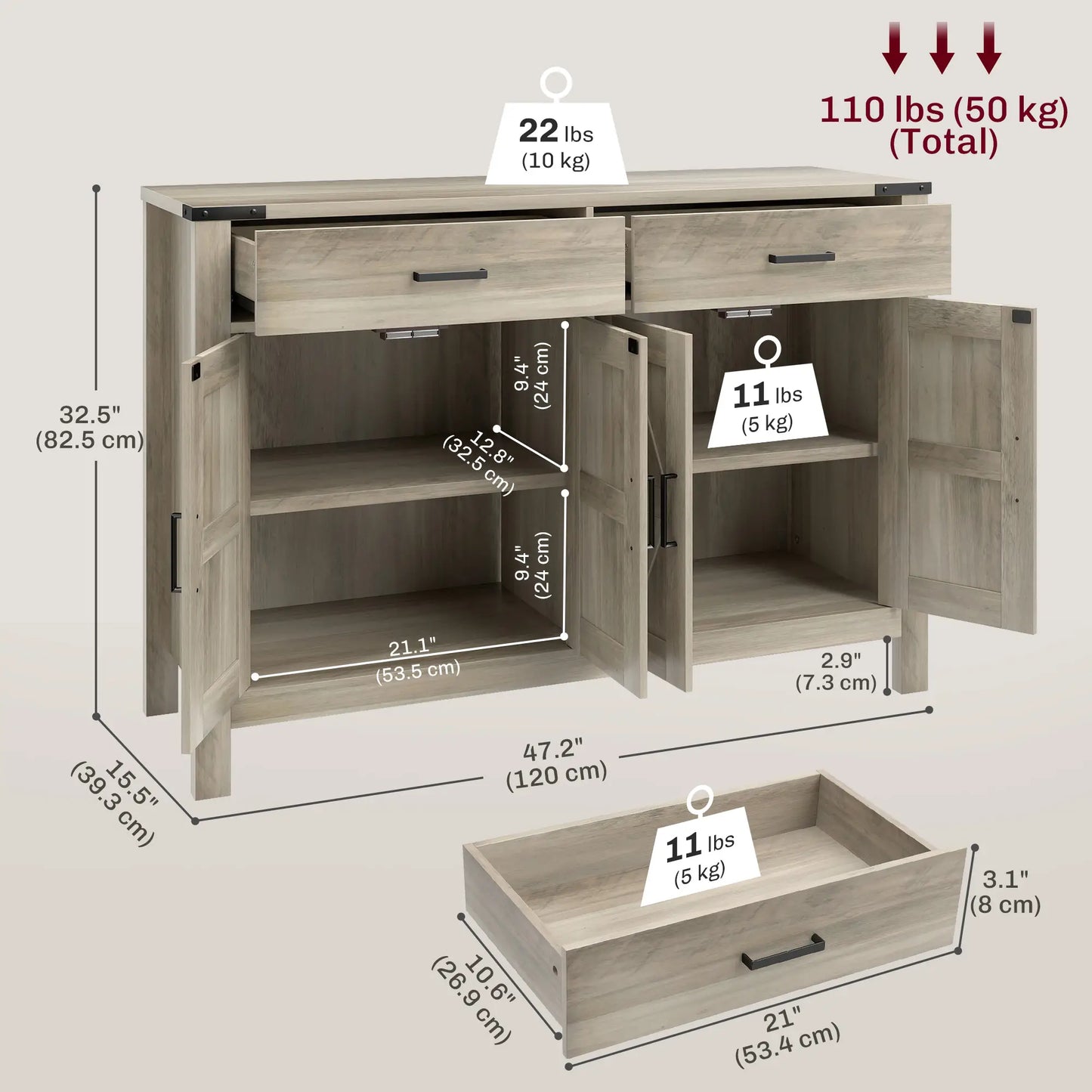 Farmhouse Buffet Cabinet, 2 Drawers, 2 Cabinets, Adjustable Shelves, Grey Bar Cabinets at Gallery Canada