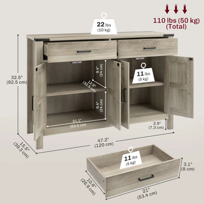 Farmhouse Buffet Cabinet, 2 Drawers, 2 Cabinets, Adjustable Shelves, Grey Bar Cabinets at Gallery Canada