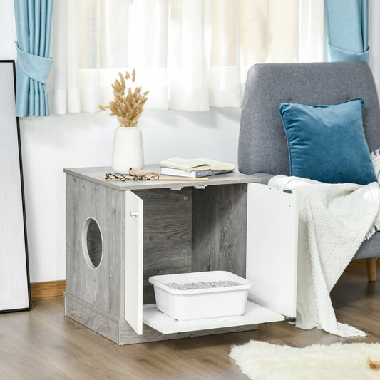 Cat Litter Box Enclosure Privacy Washroom Decorative Kitten Pet House Nightstand End Table Indoor with Magnetic Door Slide-out Board Grey Oak - Gallery Canada