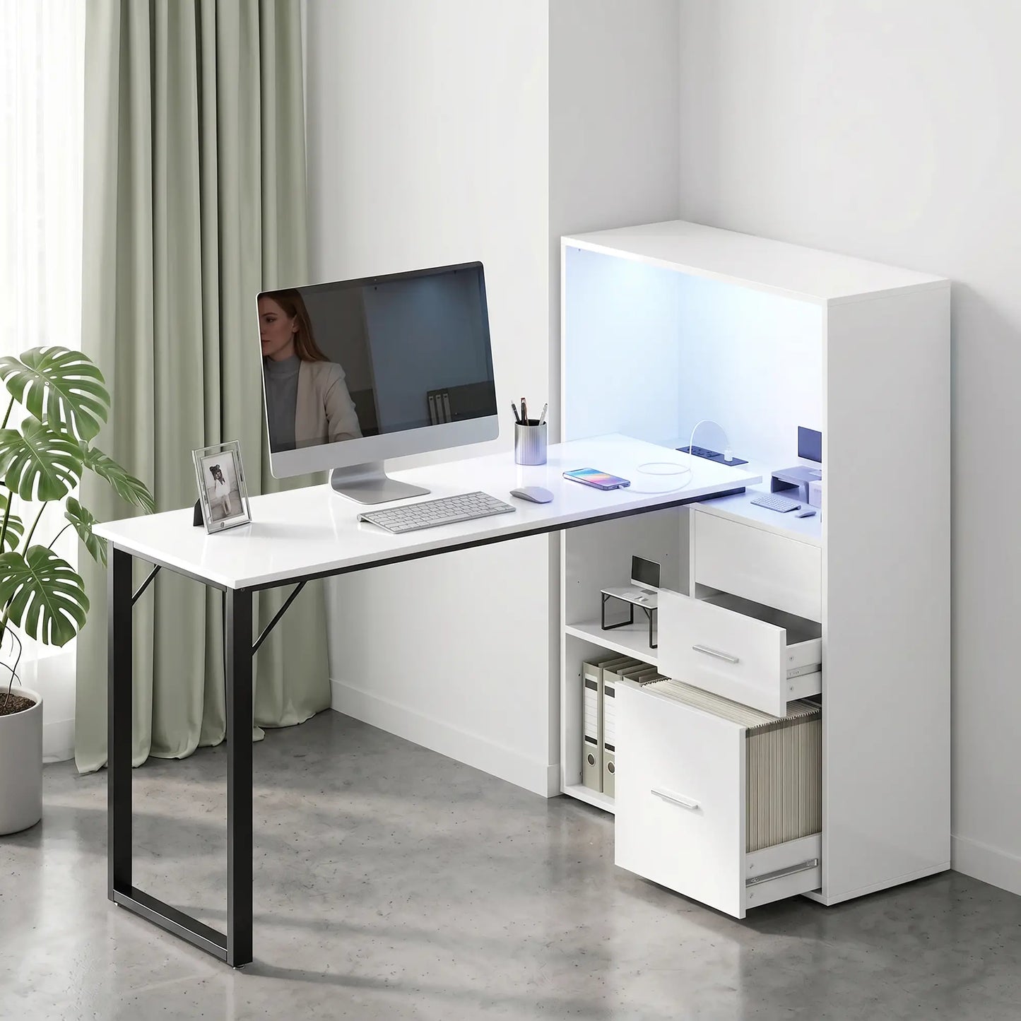 54" Computer Desk With Drawers, Power Outlets, LED Lights, White