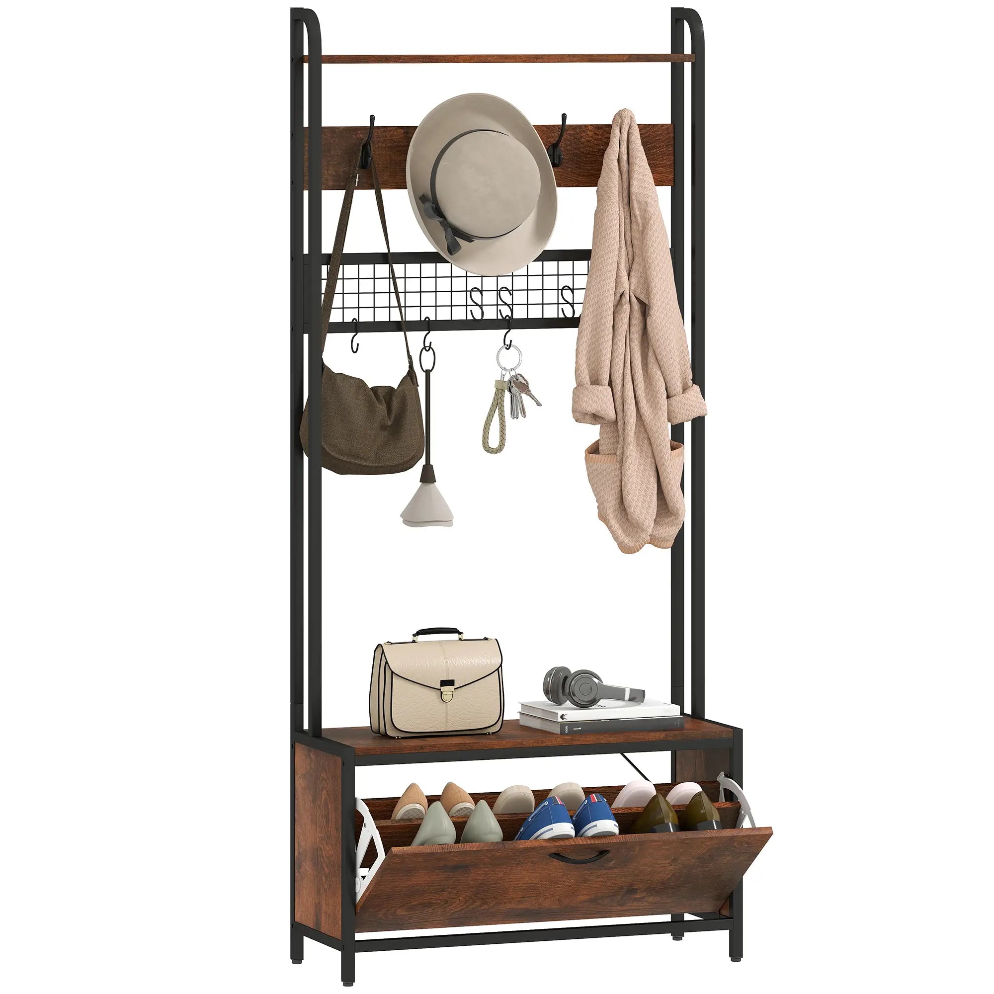 5-In-1 Coat Rack Shoe Bench, Hall Tree with Bench, 10 Hooks, Rustic Brown Clothing Storage at Gallery Canada