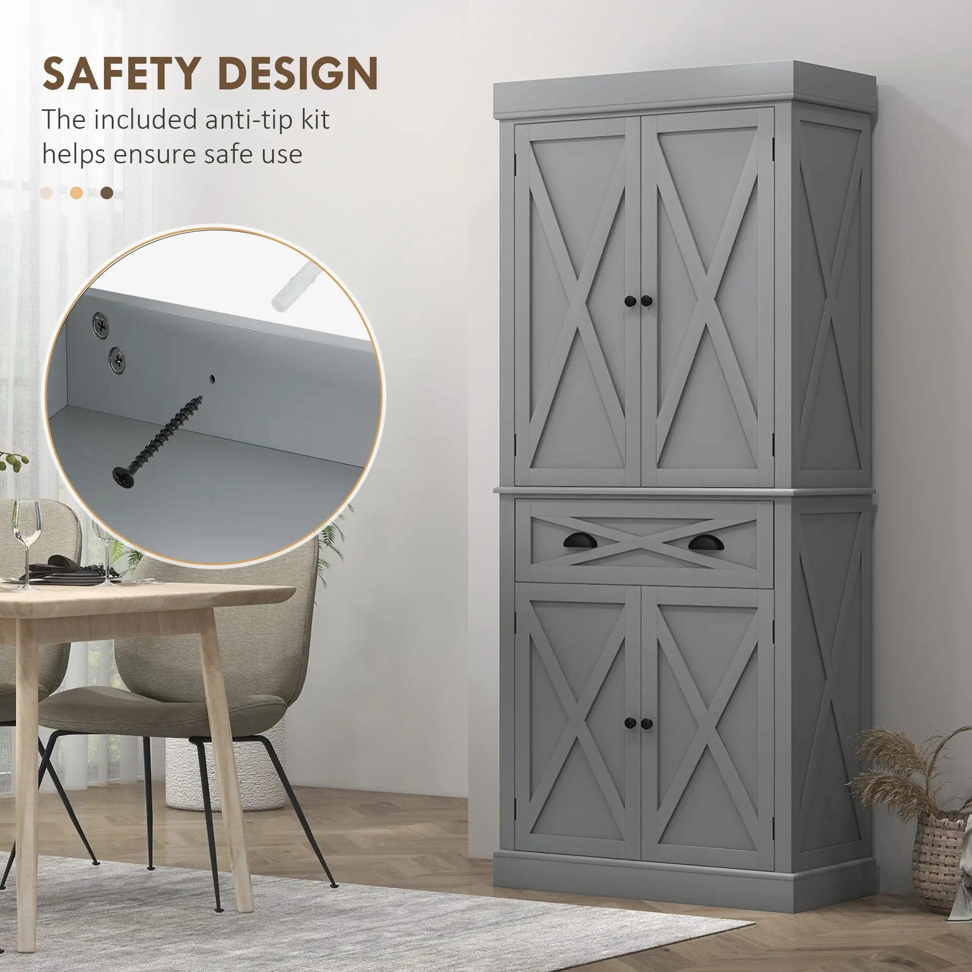 72.5" Kitchen Pantry Cabinet, 4 Doors, Drawer, Adjustable Shelves, Grey Kitchen Pantry Cabinets at Gallery Canada