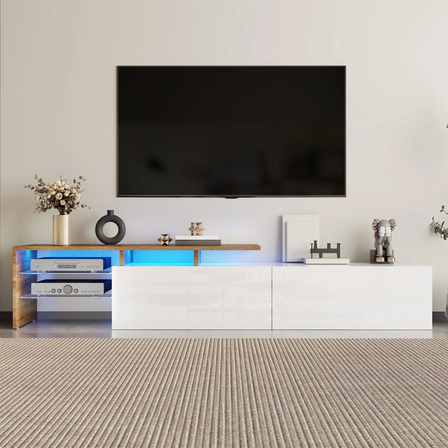 TV Stand With Glass Shelves, LED Lighting, 67" L x 13" W x 13" H, Natural, White TV Stands at Gallery Canada