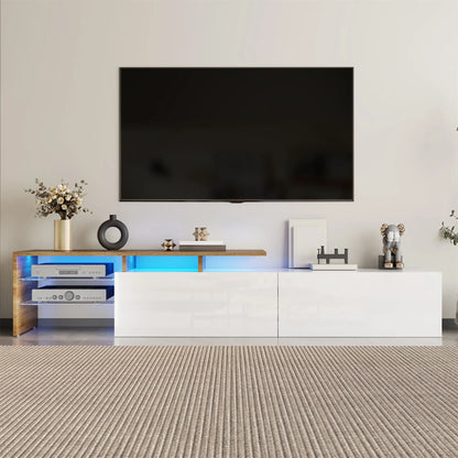 TV Stand With Glass Shelves, LED Lighting, 67" L x 13" W x 13" H, Natural, White TV Stands at Gallery Canada