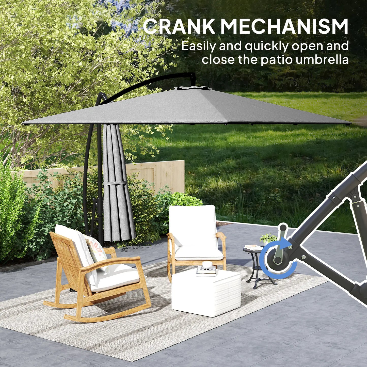 Patio Offset Umbrella, Crank Parasol With Base, Cover, Wind Securing, Khaki Offset Cantilever Umbrellas at Gallery Canada