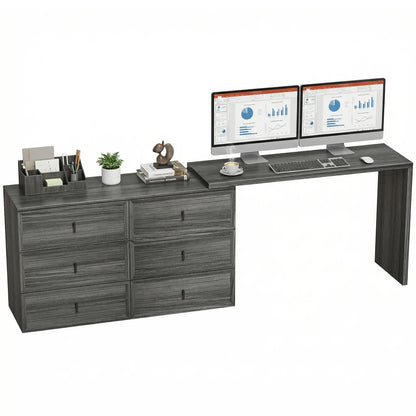 L Shaped Computer Desk, 6 Drawers, Wood Grain, Black Computer Desks Black Wood Grain at Gallery Canada