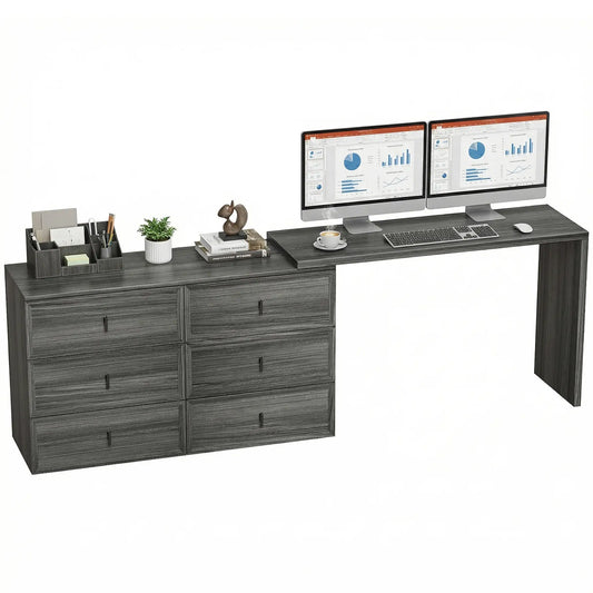L Shaped Computer Desk, 6 Drawers, Wood Grain, Black Computer Desks Black Wood Grain at Gallery Canada