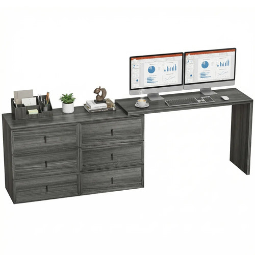 L Shaped Computer Desk, 6 Drawers, Wood Grain, Black